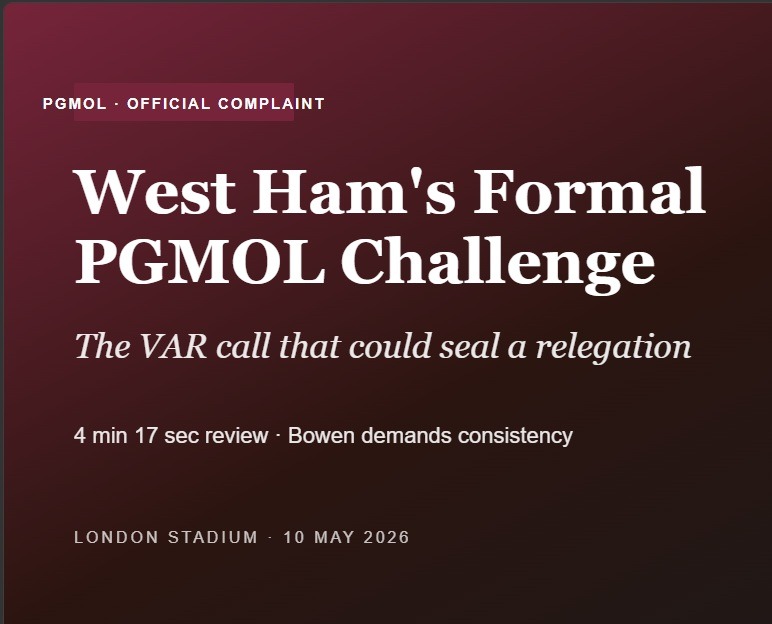 West Ham to Lodge Formal PGMOL Complaint Over Arsenal VAR Call That Could Send Them Down